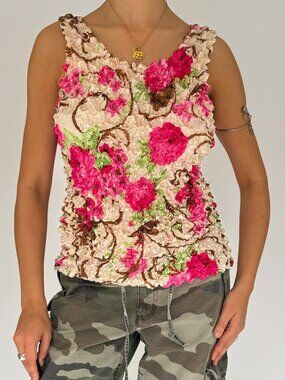 90s Y2K vintage colorful pink floral print popcorn bubble sleeveless tank top